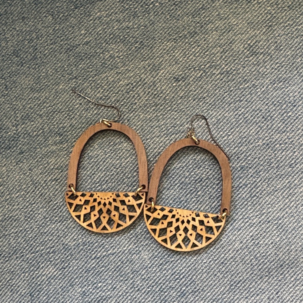 Wooden Filigree Hoop Earrings - Brown
